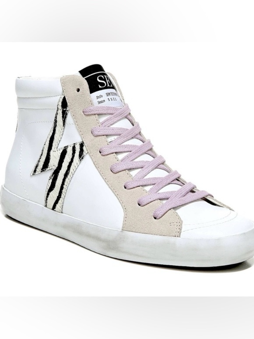 Sam Edelman White High-Top Sneaker with Zebra Accent and Lilac Laces